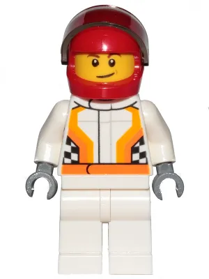 Race Car Driver, White Racing Suit with Orange Stripes and Checkered Pattern, Red Helmet, Crooked Smile with Brown Dimple