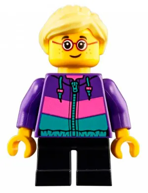Child - Girl, Dark Purple Jacket, Black Short Legs, Bright Light Yellow Ponytail, Glasses, Freckles