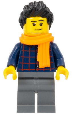 Street Performer / Busker - Male, Dark Blue Plaid Button Shirt, Dark Bluish Gray Legs, Black Spiked Hair, Orange Scarf, Stubble