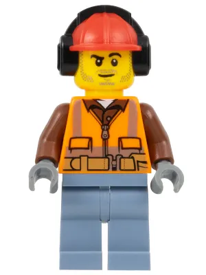 Construction Worker - Male, Orange Safety Vest, Reflective Stripes, Reddish Brown Shirt, Sand Blue Legs, Red Construction Helmet with Black Ear Protectors / Headphones, Stubble