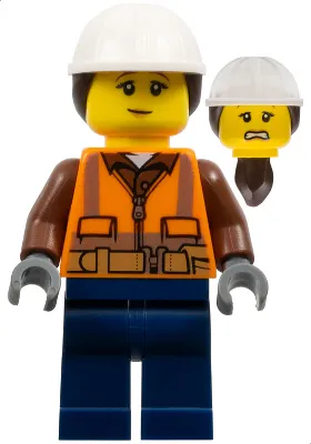 Construction Worker - Female, Orange Safety Vest, Reflective Stripes, Reddish Brown Shirt, Dark Blue Legs, White Construction Helmet with Dark Brown Ponytail Hair, Nougat Lips