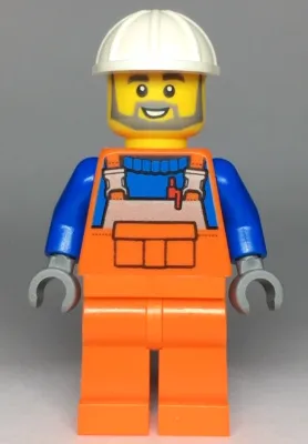 Construction Worker - Male, Orange Overalls with Reflective Stripe and Buckles over Blue Shirt, Orange Legs, White Construction Helmet, Beard