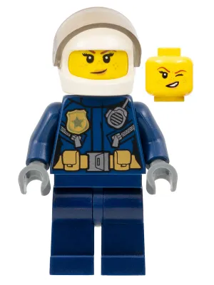 Police - City Helicopter Pilot Female, Gold Badge and Utility Belt, Dark Blue Legs, White Helmet, Nougat Lips Crooked Smile with Freckles