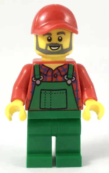 Farmer - Red Cap and Flannel Shirt, Dark Bluish Gray Beard, Green Overalls