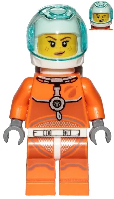 Astronaut - Female, Orange Spacesuit with Dark Bluish Gray Lines, Trans-Light Blue Visor, Freckles with Smirk and Winking