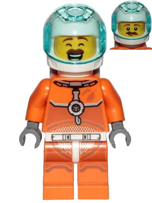 Astronaut - Male, Orange Spacesuit with Dark Bluish Gray Lines, Trans-Light Blue Visor, Large Smile with Eyes Closed and Smirk