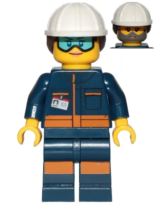 Rocket Engineer - Female, Dark Blue Jumpsuit, White Construction Helmet with Dark Brown Ponytail Hair, Light Blue Goggles and Face Covered with Dirt