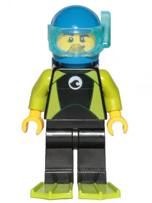 Diver - Male, Black Wetsuit with White Logo and Lime Trim and Flippers, Blue Helmet and Air Tanks