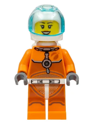 Astronaut - Female, Orange Spacesuit with Dark Bluish Gray Lines, Trans-Light Blue Visor, Open Mouth Smile