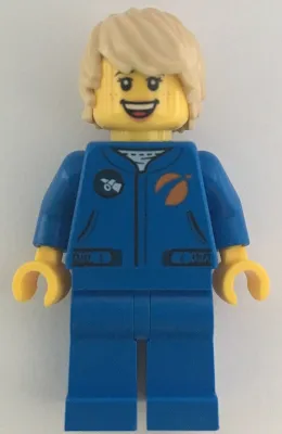 Astronaut - Female, Blue Jumpsuit, Tan Hair Tousled with Side Part, Freckles, Open Mouth Smile