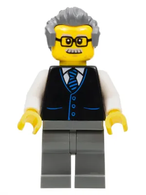 Launch Director - Male, Black Vest with Blue Striped Tie, Dark Bluish Gray Legs, Dark Bluish Gray Hair, Glasses and Moustache