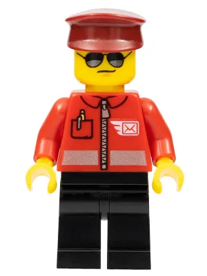 Post Office - Airmail Letter Logo and Red Jacket with Zipper, Dark Red Hat, Black Legs, Sunglasses