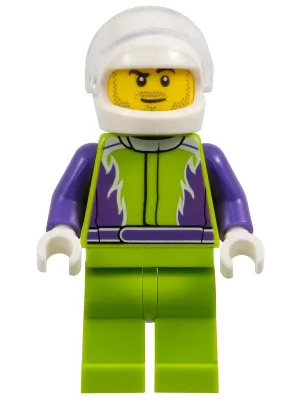 Monster Truck Driver, Lime Legs and Jacket with Purple Flames and Arms, White Helmet