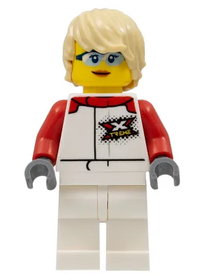 Race Boat Truck Driver - Female, White and Red Racing Suit with 'XTREME' Logo, White Legs, Tan Tousled Hair, Safety Glasses