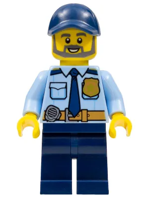 Police - City Officer Shirt with Dark Blue Tie and Gold Badge, Dark Tan Belt with Radio, Dark Blue Legs, Dark Blue Cap, Full Beard
