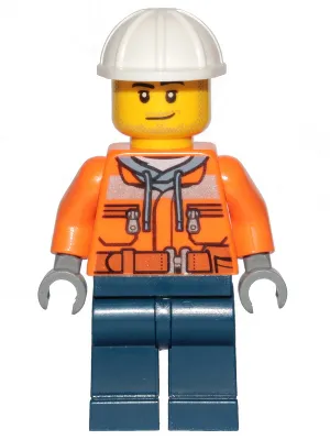 Construction Worker - Male, Orange Safety Jacket, Reflective Stripe, Sand Blue Hoodie, Dark Blue Legs, White Construction Helmet, Stubble