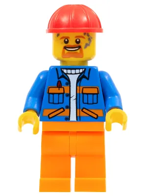 Blue Jacket with Diagonal Lower Pockets and Orange Stripes, Orange Legs, Red Construction Helmet