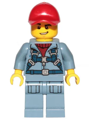 Ocean Mini-Submarine Pilot  - Male, Harness, Sand Blue Legs with Pockets, Red Cap, Lopsided Grin