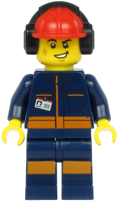 Airport Flagger - Male, Dark Blue Jumpsuit with Orange Stripes, Red Construction Helmet with Black Ear Protectors / Headphones