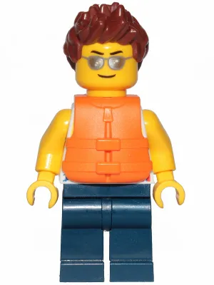 Tank Top with Surfer Silhouette, Dark Blue Legs, Reddish Brown Hair Spiked, Life Jacket 2 Straps, Silver Sunglasses