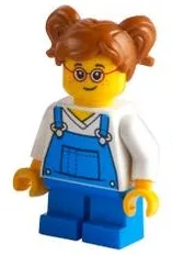 Child - Girl, Blue Overalls over V-Neck Shirt, Blue Short Legs, Dark Orange Hair with Pigtails, Glasses, Freckles