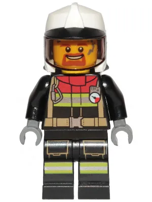Fire - Male, Black Jacket and Legs with Reflective Stripes and Red Collar, White Fire Helmet, Trans-Brown Visor, Dark Orange Goatee