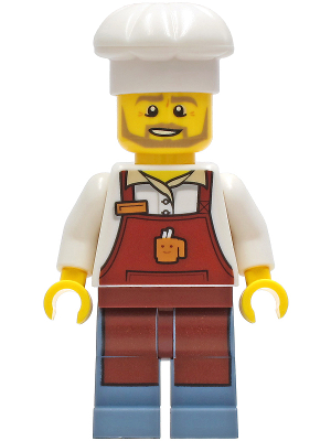 Baker - Male, Reddish Brown Apron with Cup and Name Tag, Sand Blue Legs, White Chef Toque