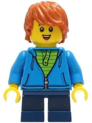 Child - Boy, Dark Azure Hoodie, Dark Blue Short Legs, Dark Orange Tousled Hair, Freckles, Smile with Teeth and Tongue