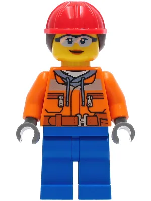 Construction Worker - Female, Orange Safety Jacket, Reflective Stripe, Sand Blue Hoodie, Blue Legs, Red Construction Helmet with Dark Brown Ponytail Hair, Safety Glasses