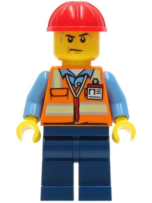 Construction Worker - Male, Orange Safety Vest with Reflective Stripes, Dark Blue Legs, Red Construction Helmet, Sweat Drops