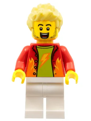 Dynamo Doug - Stuntz Announcer, Red Jacket over Lime Shirt, White Legs, Bright Light Yellow Spiked Hair