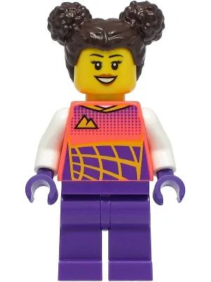 Stuntz Driver - Female, Coral Racing Shirt with White Arms, Dark Purple Legs, Dark Brown Hair with Buns