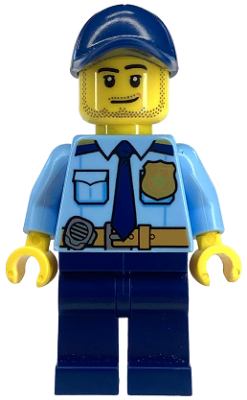 Police - City Shirt with Dark Blue Tie and Gold Badge, Dark Tan Belt with Radio, Dark Blue Legs, Dark Blue Cap with Hole, Stubble Beard