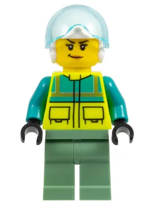 Rescue Helicopter Pilot - Female, Dark Turquoise and Neon Yellow Safety Vest, Sand Green Legs, White Helmet, Trans-Light Blue Visor