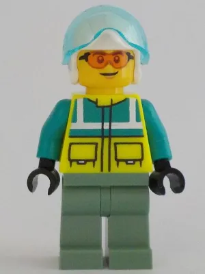 Rescue Helicopter Pilot - Male, Dark Turquoise and Neon Yellow Safety Vest, Sand Green Legs, White Helmet, Trans-Light Blue Visor, Safety Glasses