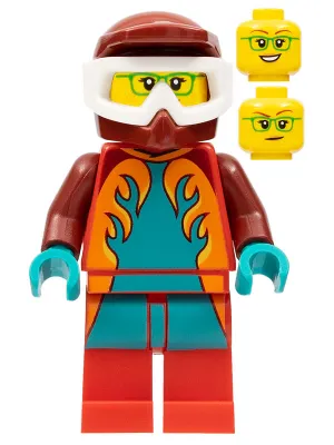 Freya McCloud - Stuntz Driver, Dark Red Jumpsuit with Dark Turquoise and Orange Flames, Red Legs, Dark Red Dirt Bike Helmet, White Goggles