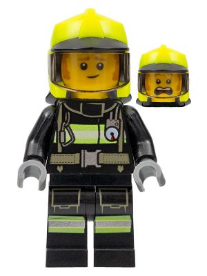 Fire -  Fireman Clemmons, Reflective Stripes with Utility Belt, Black Legs, Neon Yellow Fire Helmet, Trans-Brown Visor, Sideburns