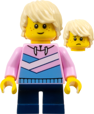 Child - Boy, Bright Pink Hoodie with Medium Blue and White Diagonal Stripes, Dark Blue Short Legs, Tan Tousled Hair, Freckles