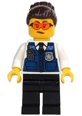 Police - Officer Gracie Goodhart, Dark Blue Vest, Black Legs, Dark Brown Hair with Bun, Safety Glasses