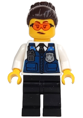 Police - Officer Gracie Goodhart, Dark Blue Vest, Black Legs, Dark Brown Hair with Bun, Safety Glasses