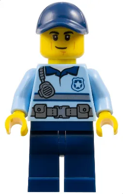 Police - City Officer Bright Light Blue Shirt with Silver Stripe, Badge, and Radio, Dark Blue Legs, Dark Blue Cap, Smirk