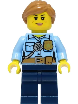Police - City Officer Female, Bright Light Blue Shirt with Badge and Radio, Dark Blue Legs, Medium Nougat Hair
