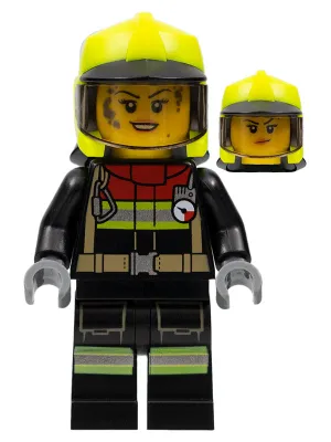 Fire - Female, Black Jacket and Legs with Reflective Stripes and Red Collar, Neon Yellow Fire Helmet, Trans-Brown Visor, Splotches