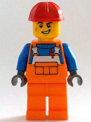Construction Worker - Male, Orange Overalls with Reflective Stripe and Buckles over Blue Shirt, Orange Legs, Red Construction Helmet, Lopsided Smile