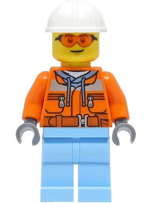 Construction Worker - Male, Orange Safety Jacket, Reflective Stripe, Sand Blue Hoodie, Bright Light Blue Legs, White Construction Helmet, Safety Glasses