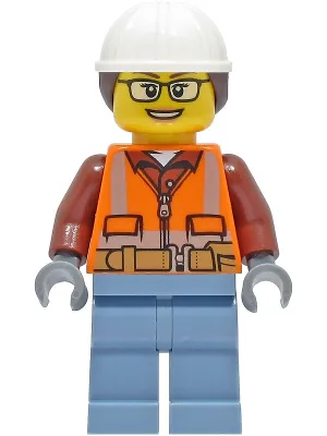 Construction Worker - Female, Orange Safety Vest, Reflective Stripes, Reddish Brown Shirt, Sand Blue Legs, White Construction Helmet with Dark Brown Ponytail Hair, Glasses