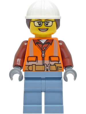 Construction Worker - Female, Orange Safety Vest, Reflective Stripes, Reddish Brown Shirt, Sand Blue Legs, White Construction Helmet with Dark Brown Ponytail Hair, Glasses