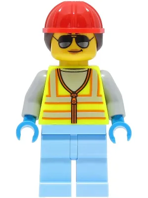 Space Engineer - Female, Neon Yellow Safety Vest with Reflective Stripes, Bright Light Blue Legs, Red Construction Helmet with Dark Brown Ponytail Hair, Sunglasses