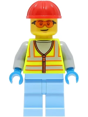 Space Engineer - Male, Neon Yellow Safety Vest with Reflective Stripes, Bright Light Blue Legs, Red Construction Helmet, Safety Glasses