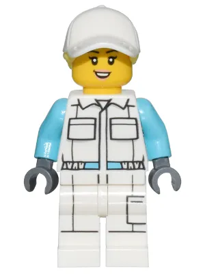 Electric Scooter Attendant - Female, White Jumpsuit with Pockets, White Legs with Pocket, White Cap with Bright Light Yellow Ponytail Hair